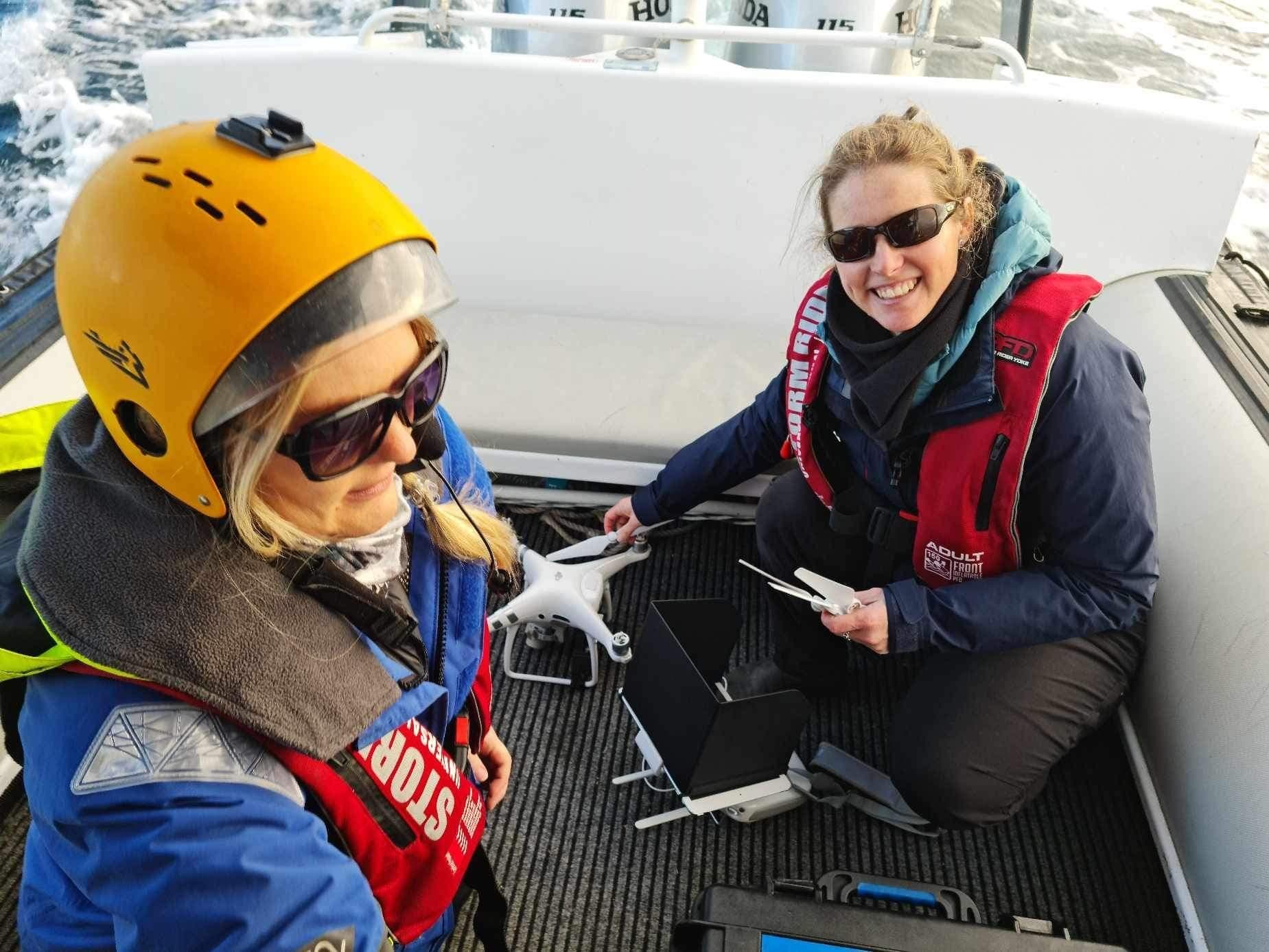 Dr Leena Riekkola and Dr Kate Sprogis setting up the drone for flight.