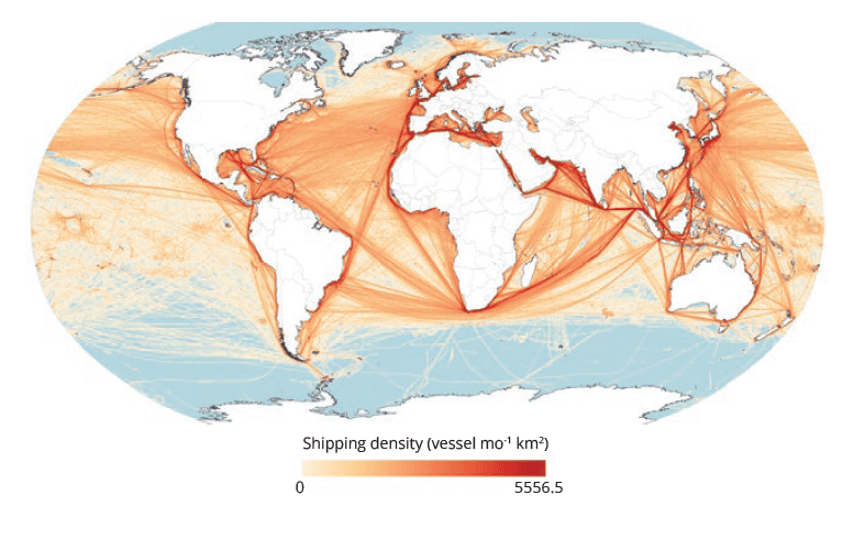 Multiple human threats are impacting whales – including shipping, industrial fishing, and climate change (L-R) – within both critical habitats and along their migration corridors (Johnson et al 2022).