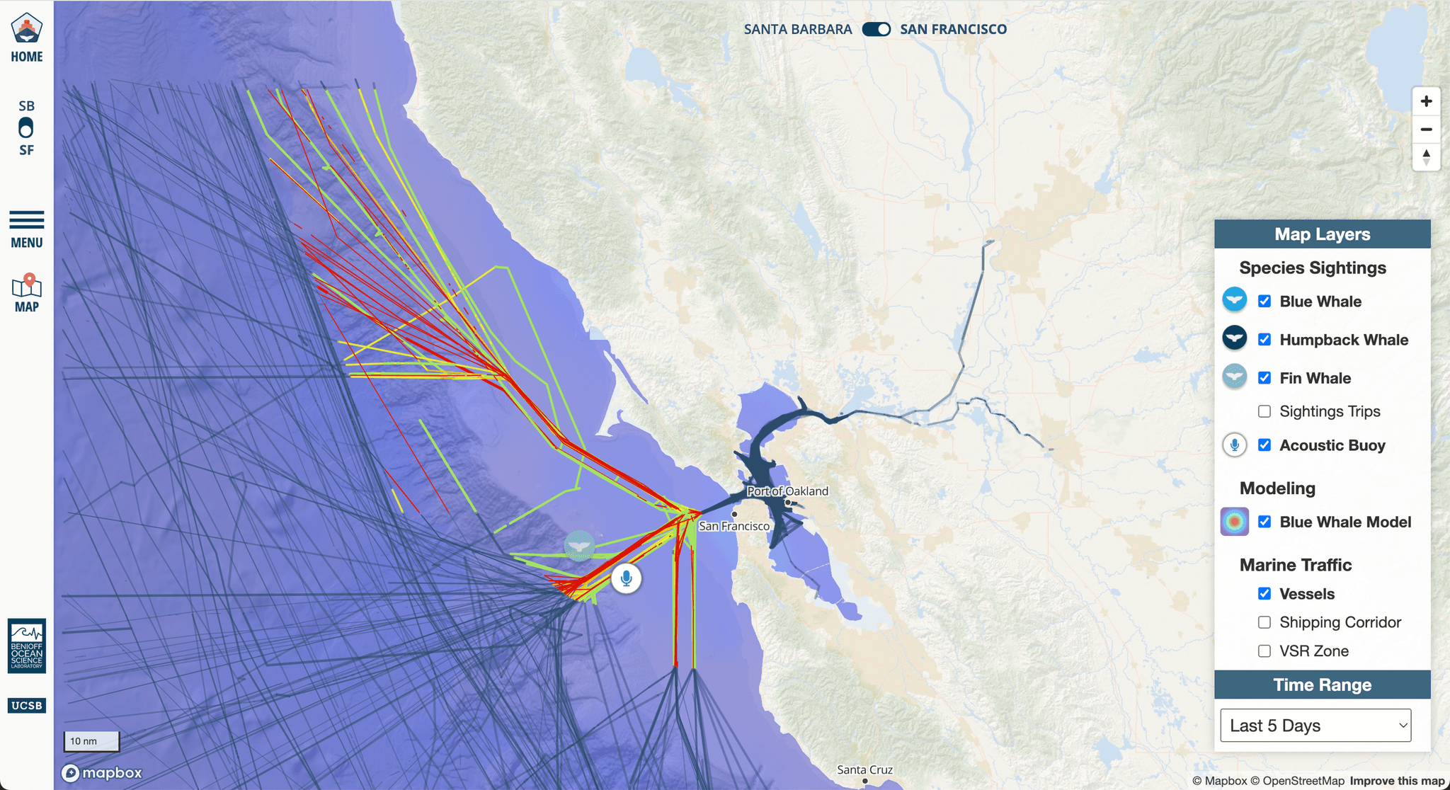 A screen view of the Whale Safe tool by Benioff Ocean Science Laboratory and UCSB