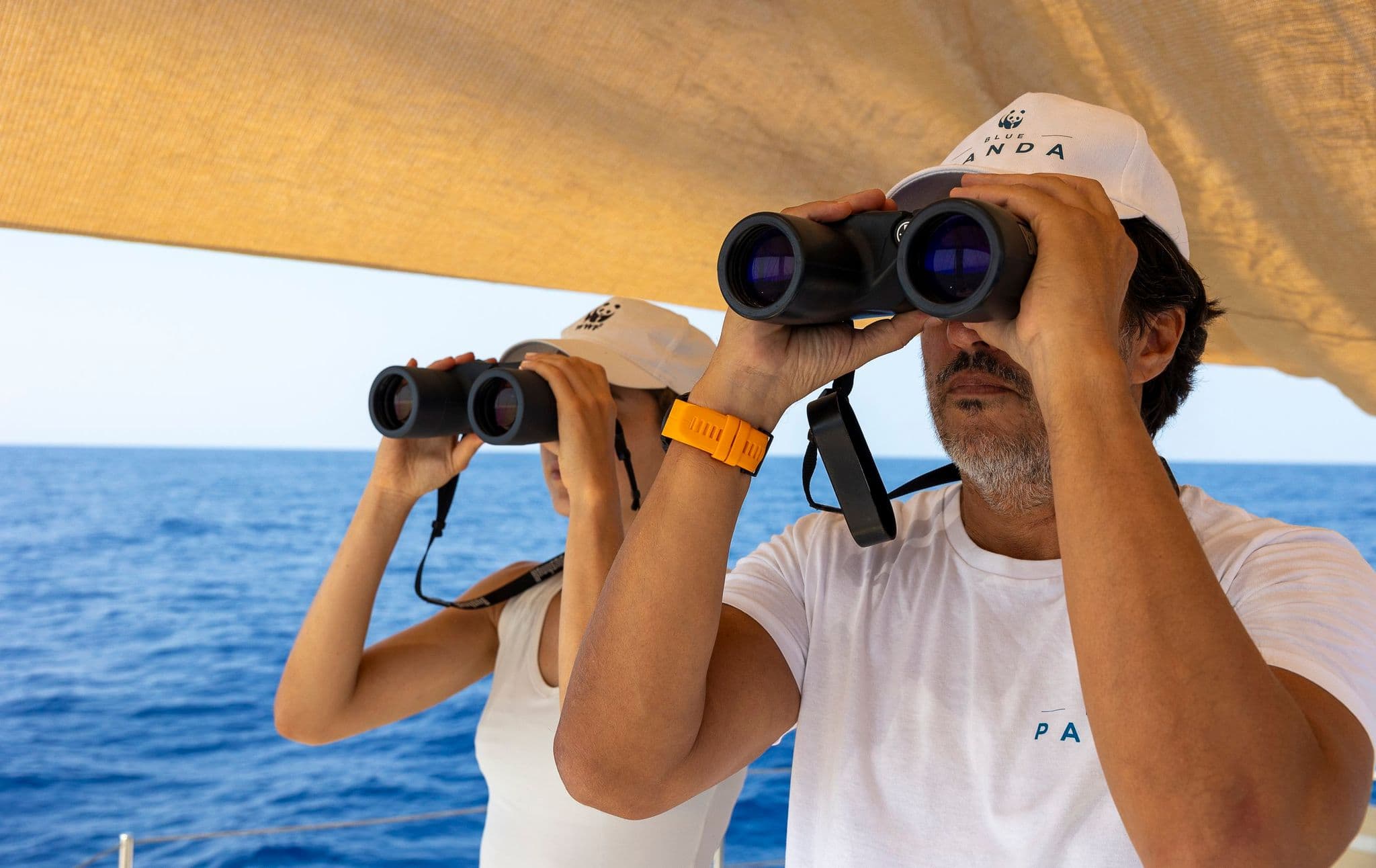 WWF-Greece CEO Demetres Karavellas and Marine Officer Amalia Alberini searching for whales. Photo taken under research permit © Chris Johnson / WWF